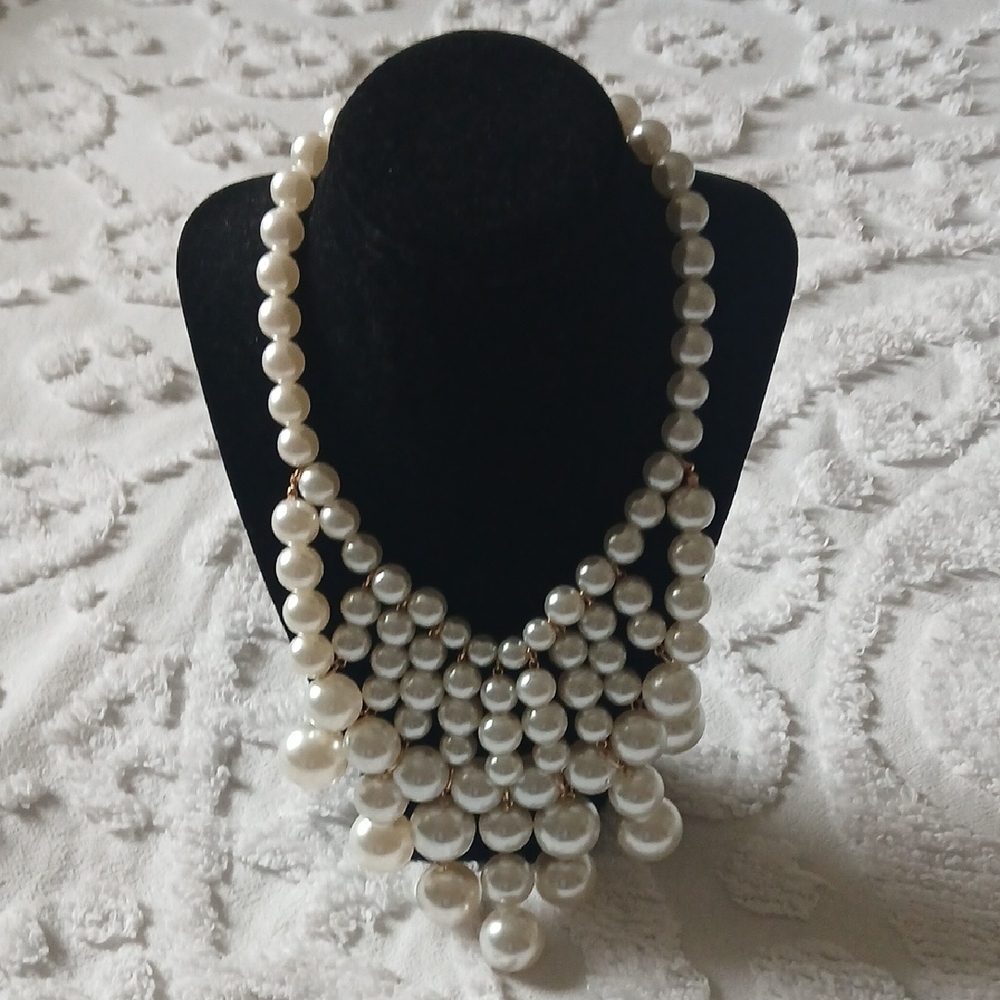 Pearl Statement Bib Necklace - White Faux Pearl Necklace